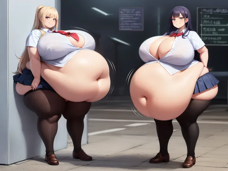 (masterpiece, best quality, highres, absurdres), 2girls, solo, high aesthetic, school uniform, fat, thick thighs, wide hips, anime style, manga, smug