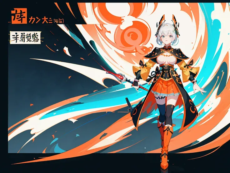 (Piece masuter,Best Quality,Ultra-detailed), (Character Sheet:1.2),full - body，1girl，long legs， Shirt，windproof boots，Orange，standing pose，HighestQuali,4k，Chinese girl design, Detailed Genshin graphics，anime character design，anime concept art，pretty anime ...