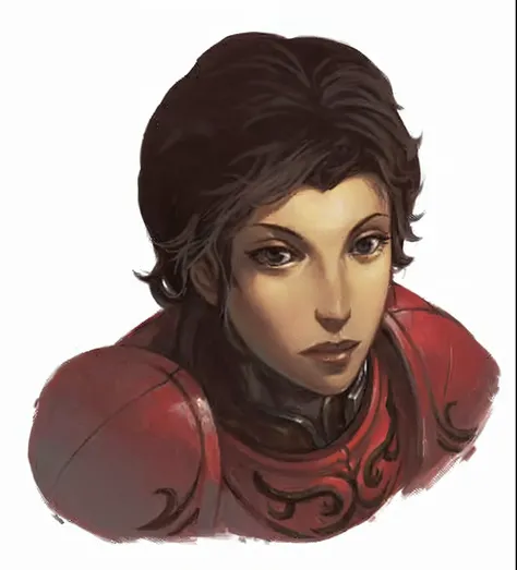 a drawing of a woman in a red armor, portrait knight female, portrait of female paladin, lady in red armor, baldurs gate character portrait, d&d protagonist, d&d character head portrait, rpg portrait, rpg portrait concept art, character - portrait, closeup...