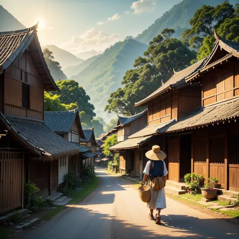 A detailed view. Studio Ghibli style. An early morning scene in a village in Indonesia. The sun is just rising on the eastern horizon. Some men leave for the rice fields. Some women are walking while carrying baskets. There is a man riding his bicycle on t...