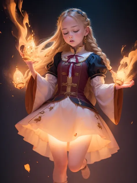 1girl, solo, full body, (masterpiece:1.21), (best quality:1.2), colorful, (illustration:1.2), (cinematic lighting:1.1), peasant medieval dress, floating dress, magic lights, levitating, genitalia visible, blonde hair with braids, magical lights in her hand...