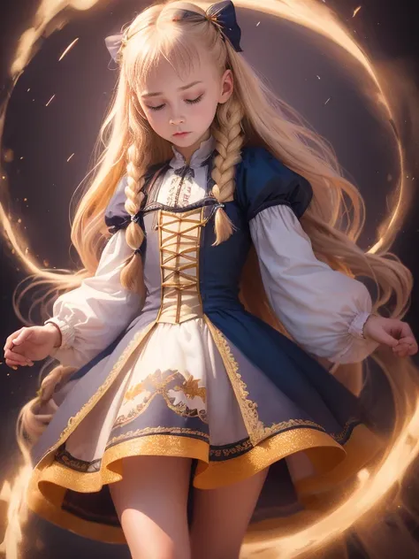 1girl, solo, full body, (masterpiece:1.21), (best quality:1.2), colorful, (illustration:1.2), (cinematic lighting:1.1), peasant medieval dress, floating dress, magic lights, levitating, genitalia visible, blonde hair with braids, magical lights in her hand...