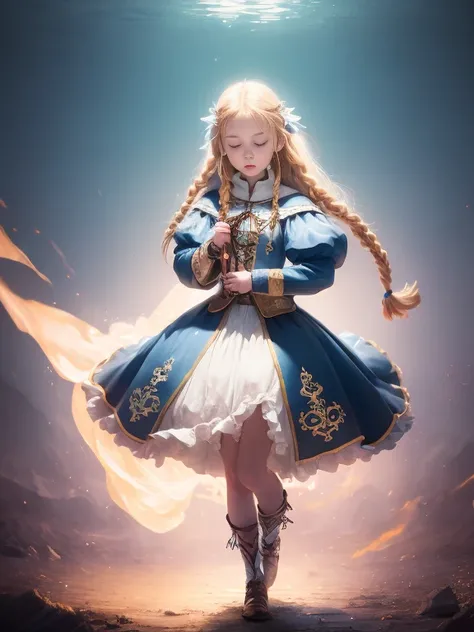 1girl, solo, full body, (masterpiece:1.21), (best quality:1.2), colorful, (illustration:1.2), (cinematic lighting:1.1), peasant medieval dress, floating dress, magic lights, levitating, genitalia visible, blonde hair with braids, magical lights in her hand...