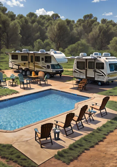 Realistic ohotograph of a luxury RV campground with landscaping between RVs and a swimming pool --auto --s2