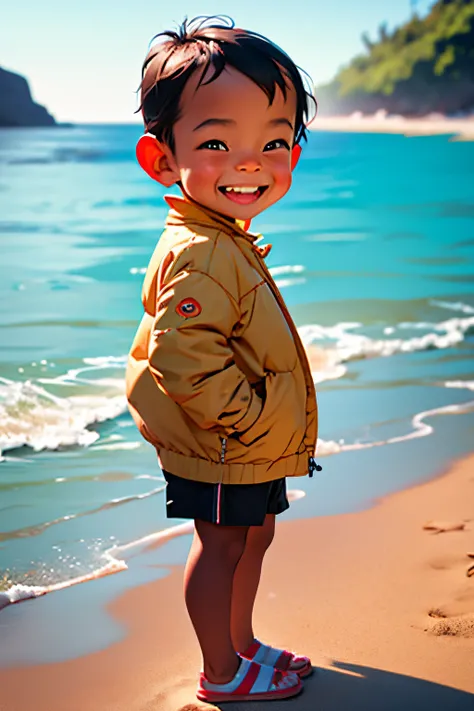 small child outdoors，portrait of a full body，5years old，happily laughing，mini cute toddler、Taken from the side、Strong bokeh、sand beach