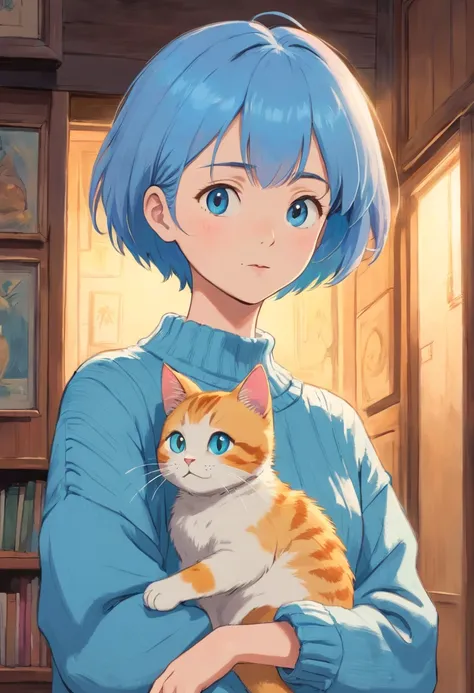 Short-haired girl wearing light blue sweater holding cat sideways