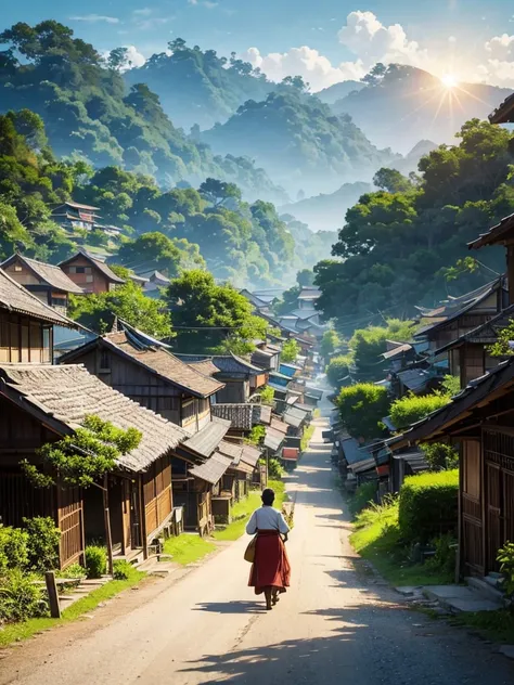 A detailed view. Studio Ghibli style. An early morning scene in a village in Indonesia. The sun is just rising on the eastern horizon. Some men in are leaving for the rice fields. Some women in kebaya and traditional Javanese dress are walking while carryi...