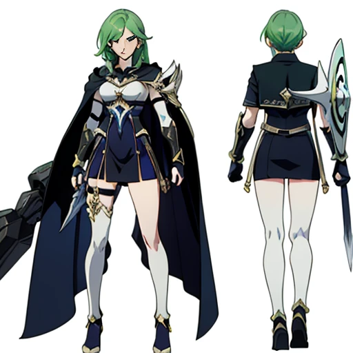 (((Best Quality))) , ((full body)), female, multiple views, (white background), holding weapon, cape, gauntlets, holding shield, green hair,