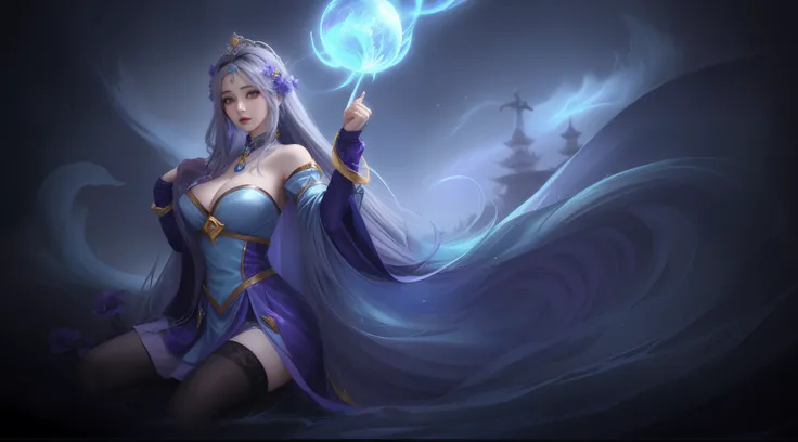 Anime manga girl，Long gray hair，a blue dress，Purple flowers in his hand, Serafina Ali Korda, Keda, Irelia, from league of legends, Keda and Sanyang, Beautiful celestial mage, Queen of the Sea Mu Yanling, League of Legends style, League of Legends Arcana, l...