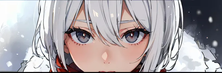 ((Cozy attire)), ((Cold, snowy background)), ((Grey eyes)), ((White hair)), ((Shy)), Masterpiece, Looking directly at camera, Close-up, ((Red scarf)), Precise Lineart, Clean lineart