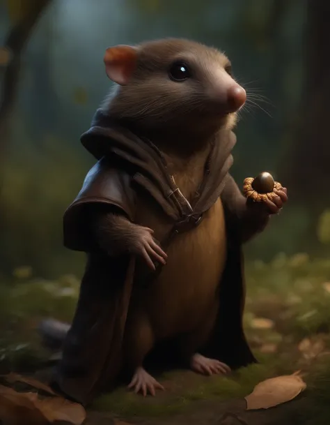 (CBZBB:1.25)Realism,gremlin, gremlin looks like a mole, ((Ez idna)), in a clearing under an oak tree, holding a large acorn in his paws, dressed in a dark leather vest with a hood, CBZBB,Cute, Small, baby, Beautiful, Fantasy art, deviant art, trending arts...