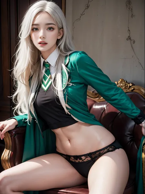 Photorealistic, high resolution, 1womanl, Solo, sit on chair, turn back, show her butt, view the viewer, (Detailed face), Hogwarts uniform, hogsks, Slytherin，blackstockings, green thong,