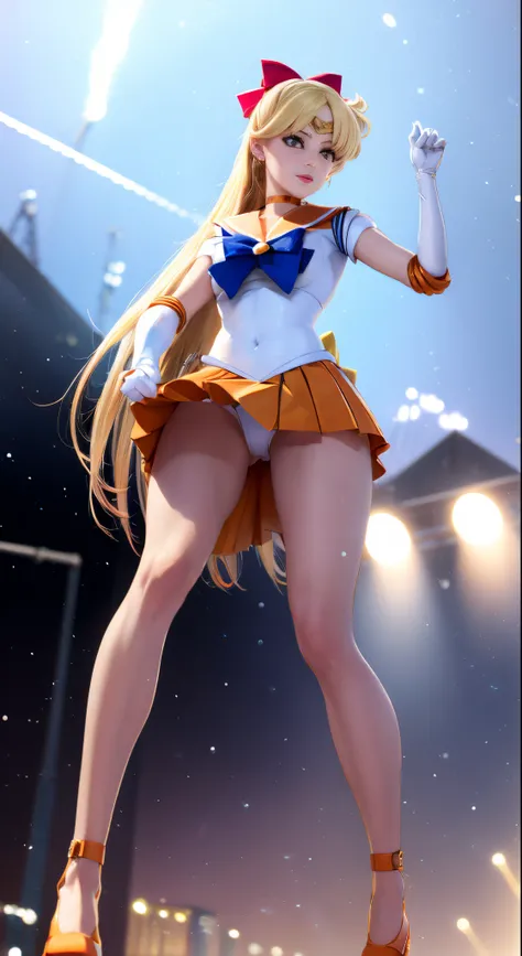 sailor venus best quality, High resolution, venus1, 1 girl, Solo, Warrior Sailor Suit, sailorvenus, aino minako, Blonde hair, magical little girl, Blue eyes, Orange Ultra Mini Skirt, Elbow length gloves, tiarra, Pleated skirt , Hair Bow, Orange Sailor Neck...