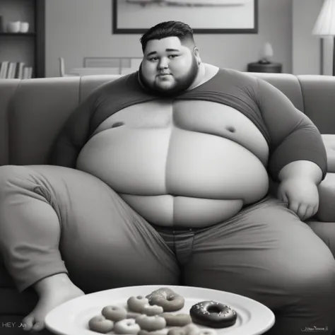 Henry Jones is thirty years old, always dresses elegantly and now binges on donuts while relaxing on the sofa in his living room. His fat is hardly contained by his clothes, he has huge tits, ass and belly