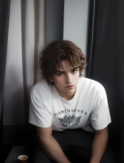 Arafed Hombre sentado en una silla frente a una ventana, Orelsan, flequillo de cortina, A photo of a disheveled man, Orelsan symmetrical face, tommy 1 6 years old, XQC, lavado, his hair is messy and unkempt, Faded, Has short, curly brown hair, Chris McGrat...