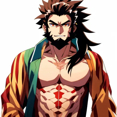 a close up of a man with a beard and a shirt on, anime handsome man, male anime character, handsome guy in demon slayer art, furio tedesschi, kazuma kaneko, anime tribal boy with long hair, anime character, kentaro miura art style, character from king of f...