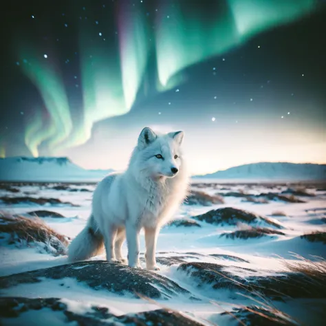 Photo of an arctic fox in a wintry polar realm. Auroras in the night sky. Flat, windswept, icy. Kodak Portra photo style.