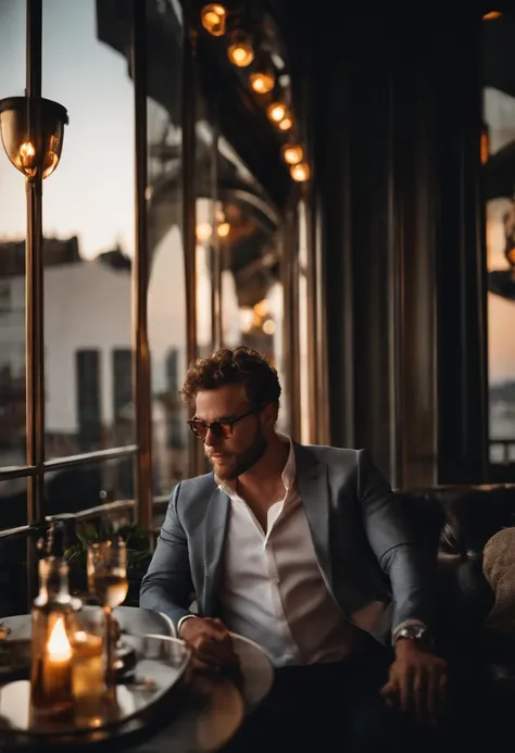 A photo of me enjoying a cocktail at a high-end rooftop bar,original,He has curly, often unruly hair. He typically appears clean-shaven. He is often seen wearing round glasses. Notably, his dress style is usually casual, often seen in T-shirts or simple sh...