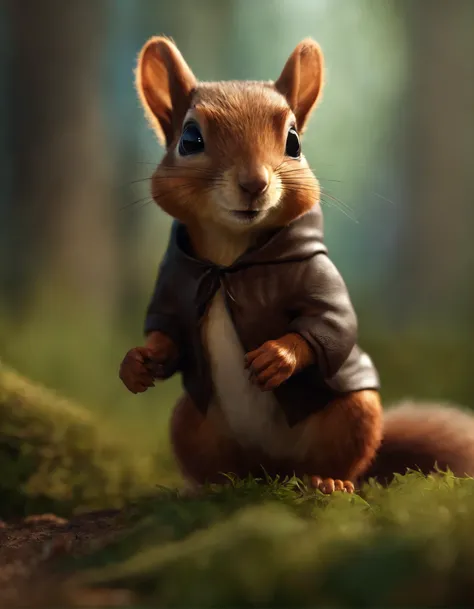 (CBZBB:1.25), Realism,fantasy gremlin, Gremlin looks like a fairy squirrel, ((Ez idna)), in a clearing under an oak tree, holding a large acorn in his paws, wear a dark leather vest with a hood, CBZBB,Cute, Small, baby, Beautiful, Fantasy art, deviant art,...