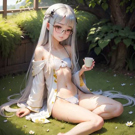 Long silver hair、hime-cut、Golden Eyes、eye glasses、ssmile、early teenage girls、flat chest、Thin pubic hair、Beautiful open legs、bath robe、grass field、Tea