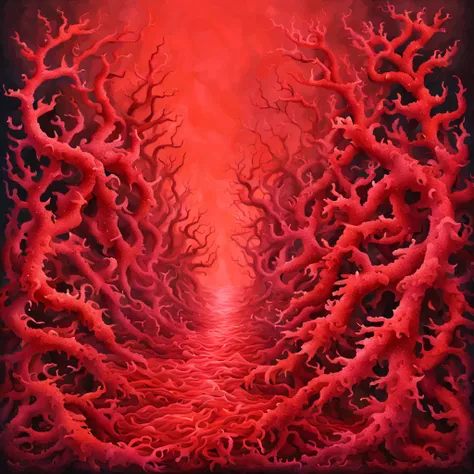 Crimson coral that reaches up and ensnares all that swim in its path, in surrealism art style