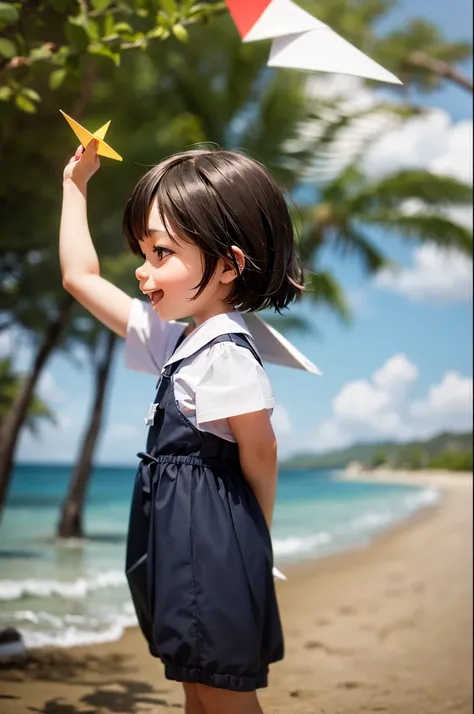 small child outdoors，portrait of a full body，5years old，((paper airplane))，happily laughing，mini cute toddler、Taken from the side、Strong bokeh、sand beach