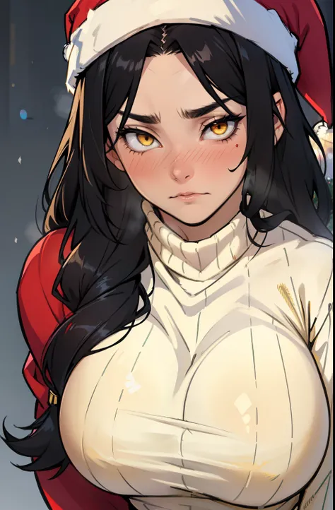 solo, (((1 girl))), very long hair, black hair, yellow eyes, ((muscular)), huge tits, pale skin, slick hair, (christmas sweater) close up santa hat sad longing longing longing blushing longing longing longing longing longing