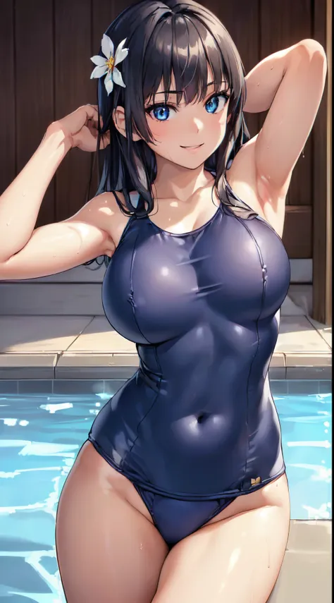 (perfect hands, perfect anatomy:1.4), satin ruiko, (navy blue school swimsuit:1.5),(neat figure,a slender:1.4),(her hairstyle is...