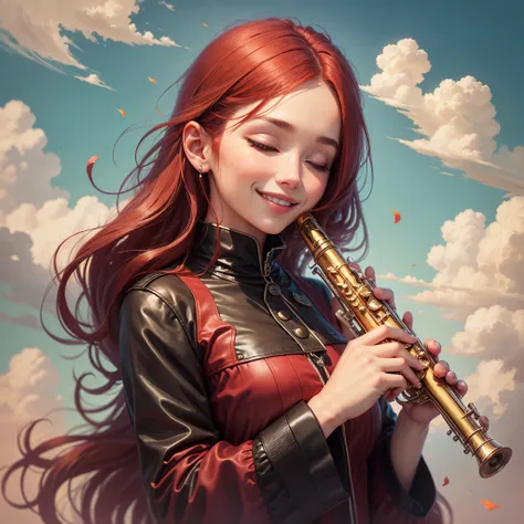 red-hair woman above the clouds, close eyes and smiling, holding an oboe in her hands --auto --s2