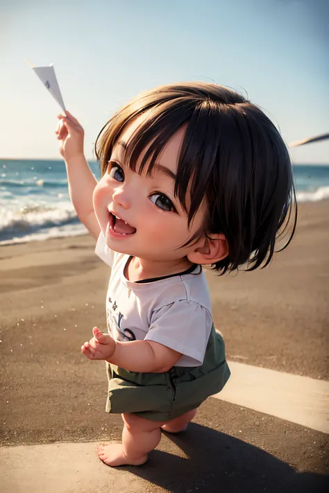 Pose of little child throwing paper airplane，((paper airplane))，happily laughing，mini cute toddler、Taken from the side、Strong bokeh、sand beach