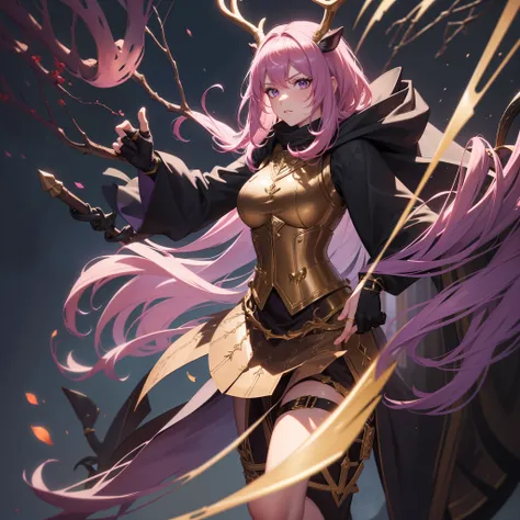 (Best quality), (masterpiece), (ultra detailed), ((1female)), solo, Satyr, ((deer antlers)), beautiful, medium breast, black fur, dark theme, ((pink hair)), ((chestwear:(vest:purple))), (handwear:(fingerless_gloves))), bard, mature, young 20s, bold express...