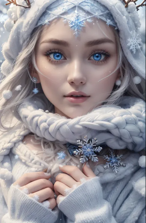 super detailed perfect face of a blue woman, winter queen, frost princess, last flowers of summer, beautiful big eyes that refle...