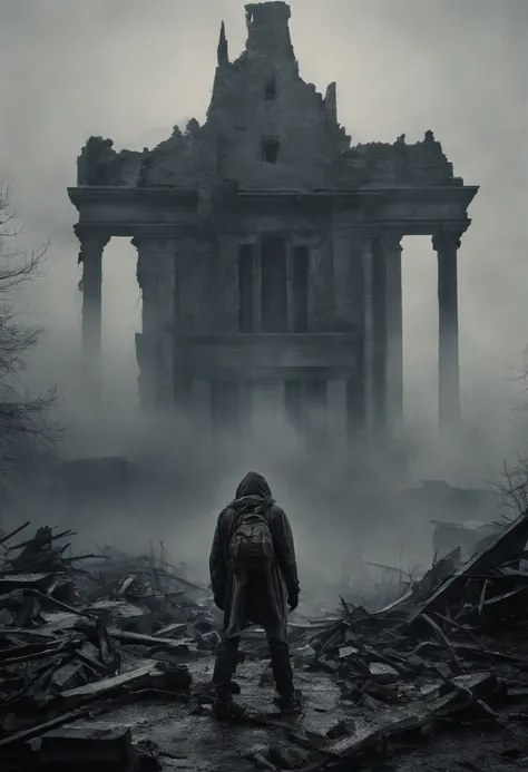 Arafad&#39;s figure standing on the ruins with a backpack，Desolate ruins in the background,Thick fog pervades，downpours，Film grains