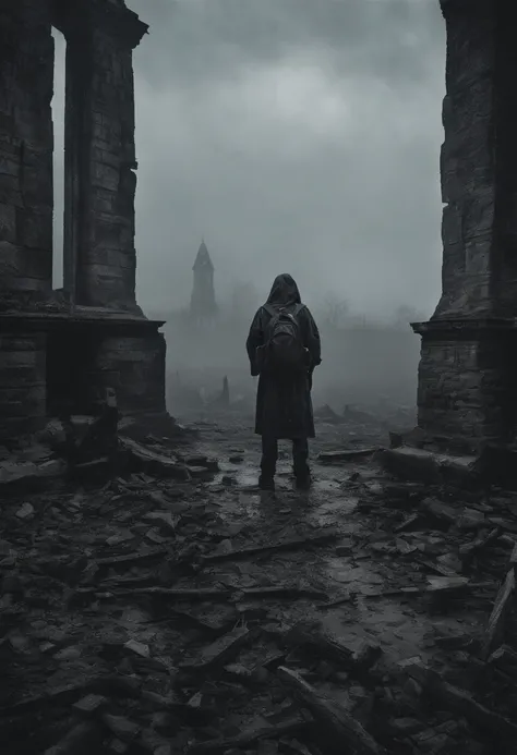 Arafad&#39;s figure standing on the ruins with a backpack，Desolate ruins in the background,Thick fog pervades，downpours，Film grains