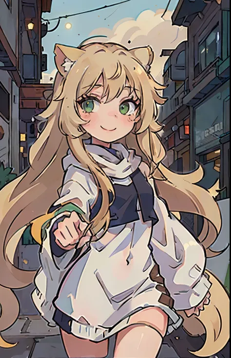 1 girl, 14 years old, cute, teenager, long blonde hair, flowing blonde hair, cat ears, green eyes with full lashes, loose and long grey poncho, smile, city streets, innocent, masterpiece, high quality.