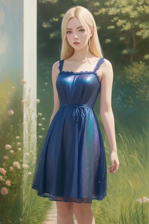 Woman with blonde hair and blue eyes wearing a blue dress, Impressionism, Oil on canvas, Contemporary art, Monet, Anime, Highly detailed, Character design, Trending on Artstation, Holographic, Light-Based, Futuristic, Highly Detailed