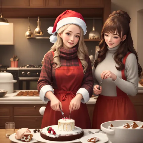 Photo of a young mother and daughter making a Christmas cake that recreates a ski resort