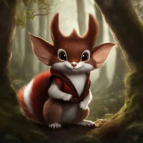 gremlin, Like a squirrel,真实感, Realism, Huge eyes, large ears, horns near the ears, big nut in paws, white and red fur, Big fluffy tail, brown vest with hood, The clothes, standing in the woods, Best Quality, Masterpiece, in style of dark fantasy art