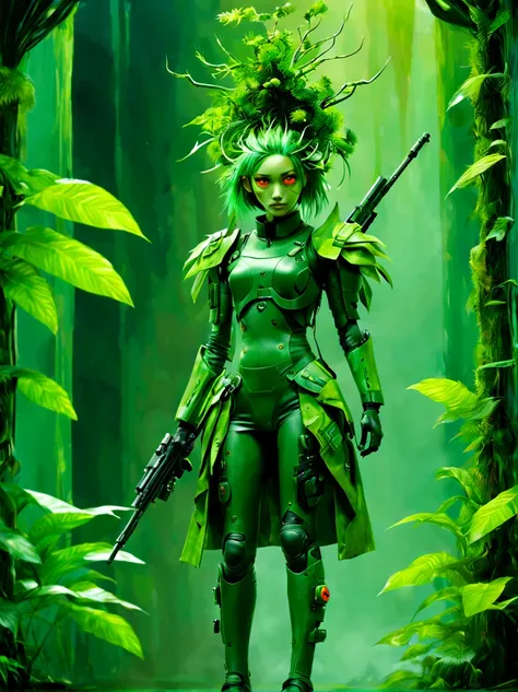 (pixar-style: 1.5)，（Full body photo），cyber punk perssonage，middle，(a girl made of fresh，Stand in the primeval jungle，Holding a sniper rifle made of plants and aiming at the target，Sniper rifle made from green plants，Camouflage uniform covered with plants，p...