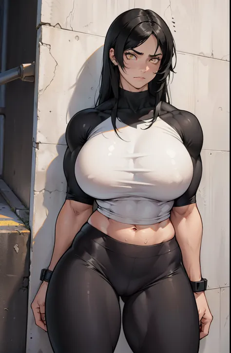 ((((((1girl)))))) (((((muscular))))) pale skin black hair yellow eyes huge breasts huge thighs black leggings tight shirt against wall frown