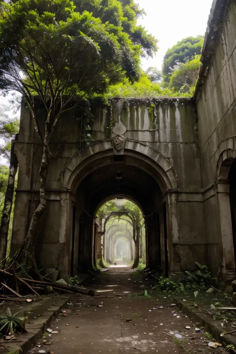 crie uma cidade grande abandonada releta de natureza  com arvores cobrindo os predios