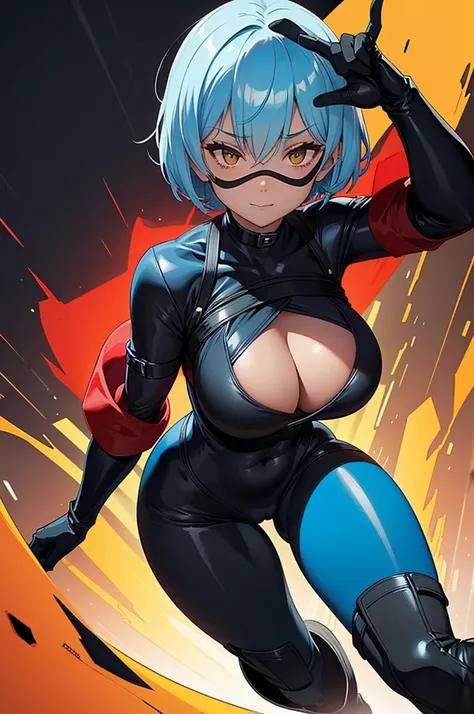 short hair and light blue hair, happy face, Black face mask, big breasts, red bodysuit, long black gloves, long black boots, black thong with a yellow i on her chest.