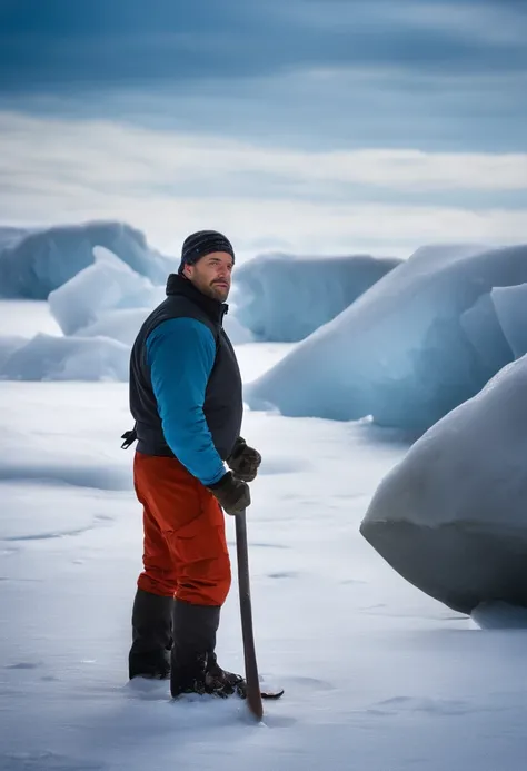 A handsome and strong man works in the ice and snow