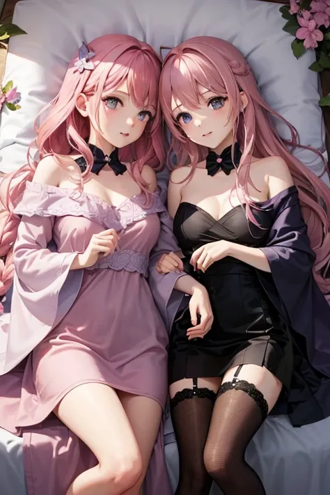 A pink haired queen with violet eyes is holding a pair of pink haired twins