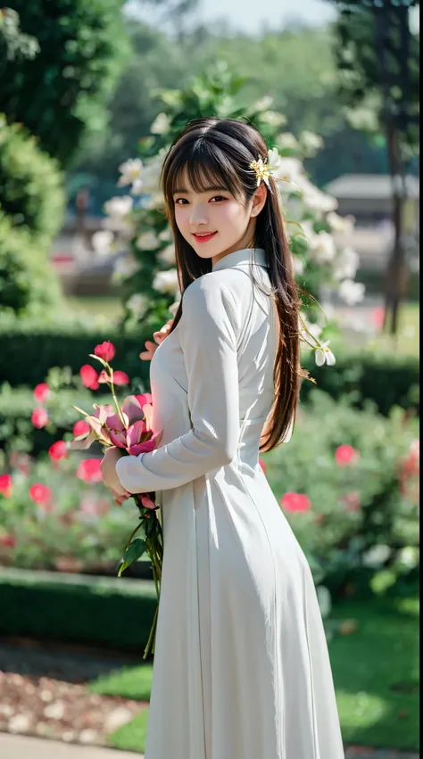 1girl, aodai white dress, photo art, (flower:1.2),a stunning photo with beautiful saturation, ultra high res,(realistic:1.4)),deep shadow,(best quality, masterpiece), pale skin, dimly lit, shade, flustered, blush, highly detailed, skinny, BREAK depth of fi...