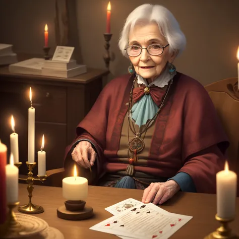 an old lady, cartomante, aparencia mistica, make predictions about the future, shaman with a table with cards and a candle