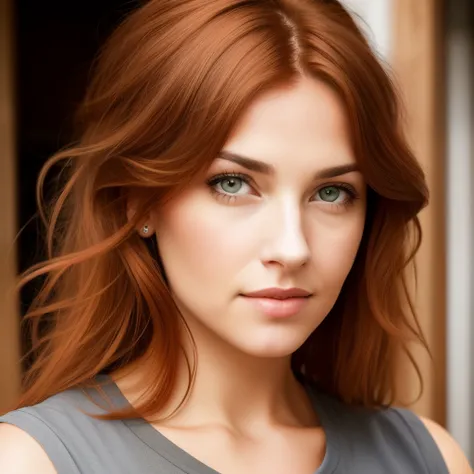 woman with messy auburn hair, grey eyes and soft muscles in stable