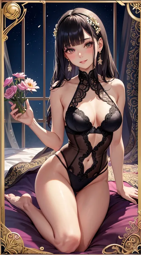 A female with medium breasts, slim body, tempting body, nice bare leg, bare tights, bare arms, bare shoulders, nice cleavage, blunt bangs, black hair, silk bed, silk mattress, soft bed, silk ornament,moon lighting, night, flowers hair piece, feathers, part...