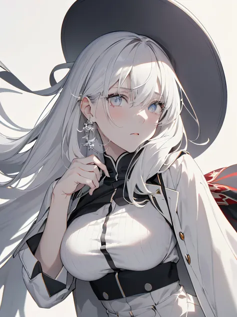 【Highest Quality, masutepiece】 [girl, expressioness, pale gray eyes, front facing, pale gray hair, Upper body] (Gray white background:1.7), 1girl in, Full body, White one-piece military uniform, Pale white head of hair,(masutepiece:1.2, Best Quality), (fin...