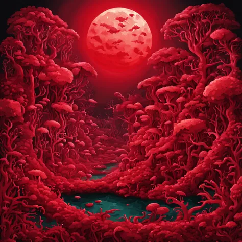 A jungle made of crimson coral under a crimson moon in which crimson critters live and hunt, in surrealism art style